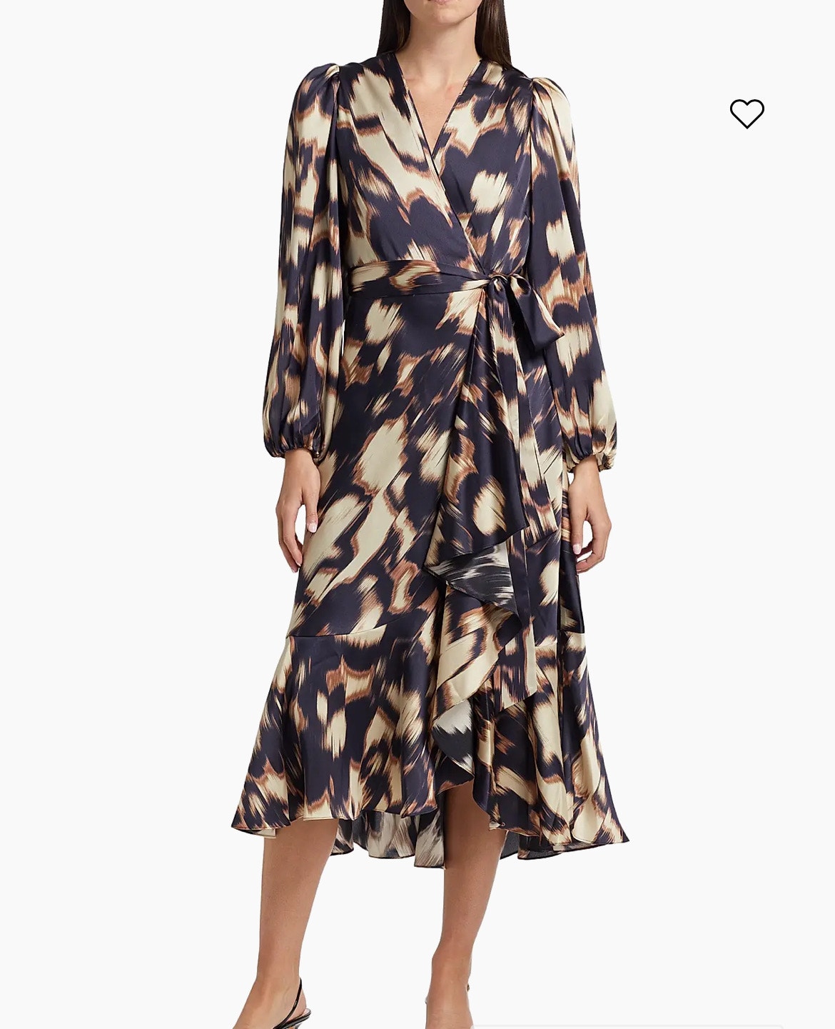 Tanya Taylor Blaire Cream Tan Navy Batik Satin Blouson Sleeve Midi Wrap Dress